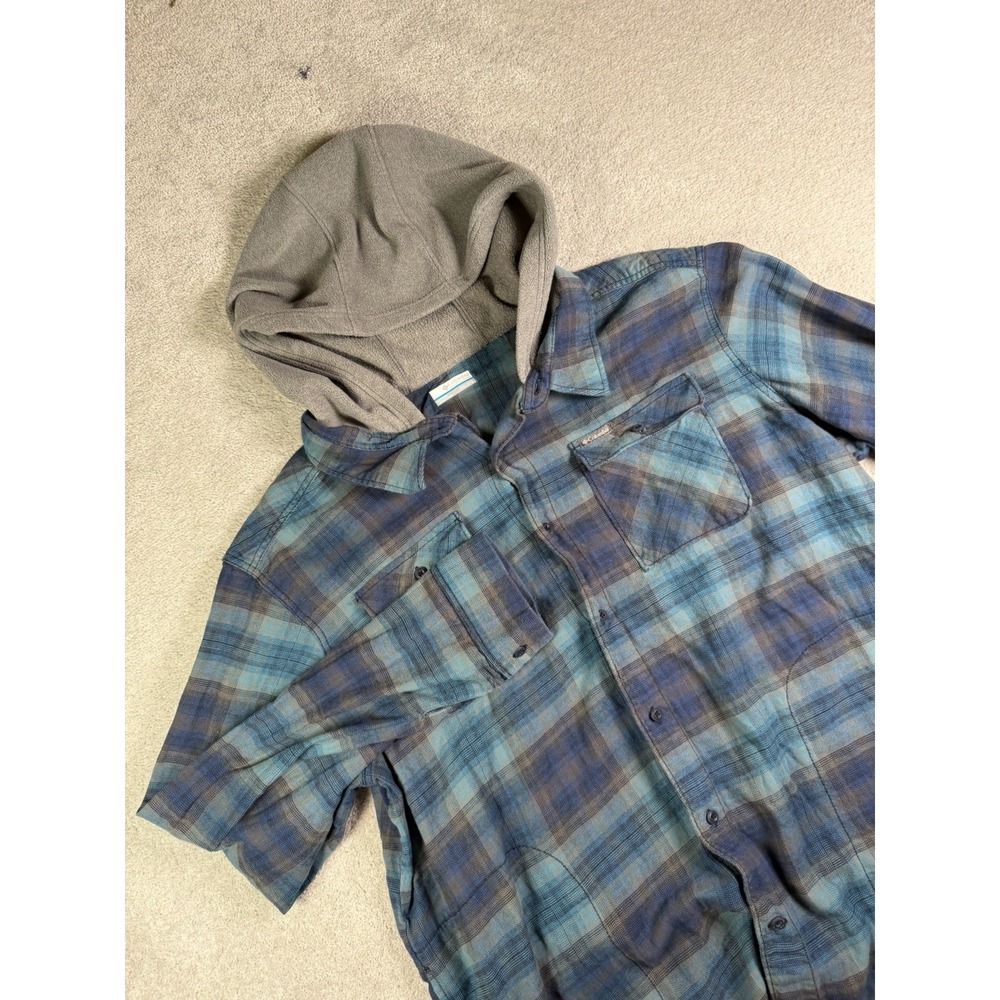 Columbia Hoodie Mens 2XL Blue Plaid Stretch Flannel Shirt Omni-Wick Shacket